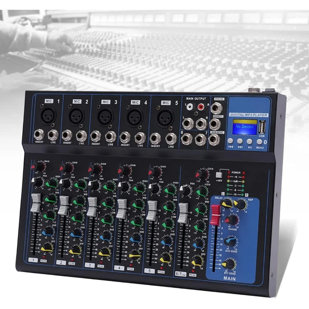 Professional 7 Channel Audio Mixer with Bluetooth 48V Phantom Power and 6 EQ Modes Compact DJ PA Sound Board for Live Performance - My Variety Superstore 25