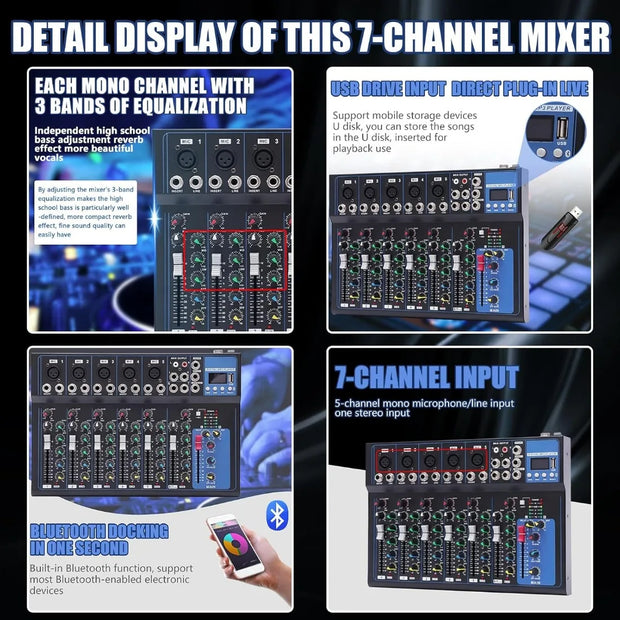Professional 7 Channel Audio Mixer with Bluetooth 48V Phantom Power and 6 EQ Modes Compact DJ PA Sound Board for Live Performance - My Variety Superstore 25