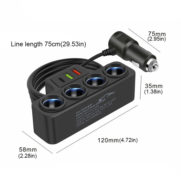 Fast Charger Plug QC3.0 PD 3.1A 12V 24V Phone Power Adapter 4 Socket 120W Car Cigarette Lighter Socket Splitter Plug 3 USB Ports