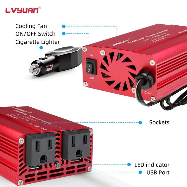 300W 500W Car Inverter DC12V AC110V Outdoor Portable Charger Converter Cigarette Lighter US Socket