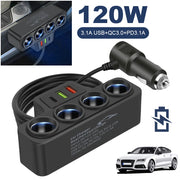 Fast Charger Plug QC3.0 PD 3.1A 12V 24V Phone Power Adapter 4 Socket 120W Car Cigarette Lighter Socket Splitter Plug 3 USB Ports