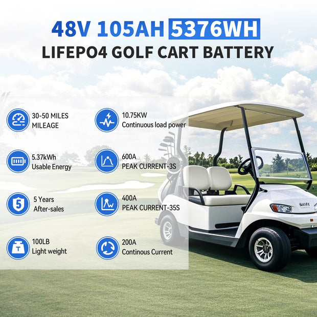 48V 105Ah Golf Cart LiFePo4 Battery Pack High Capacity Lithium Iron Phosphate Built-in BMS for Golf Cart and Solar Boat