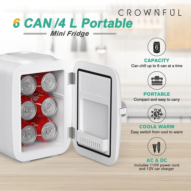 Crownful 4L Mini Multifunction Refrigerator Electric Portable Beauty Cooler Warmer Car Mini Fridge for Home Camping Travel