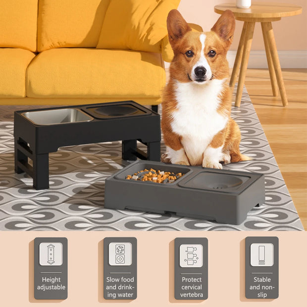 Elevated Dog Food Slow Feeder 4 Adjustable Heights Raised Dog Bowl Stand with Stainless Steel Bowls Anti Slip Dog Water Bowl - My Variety Superstore 25