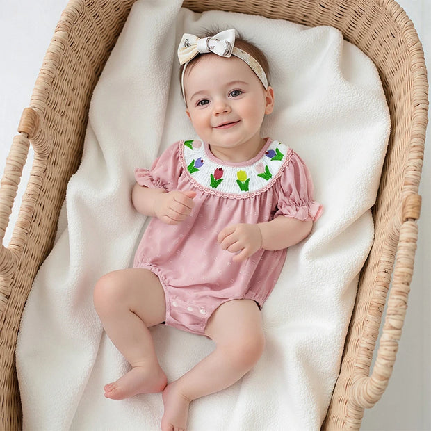 Infant floral embroidered romper – cute baby girl short sleeve jumpsuit for summer