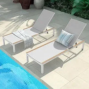 Outdoor Chaise Lounge Set – 2 Mesh Sling Chairs, Woodgrain Texture, Wheels & 4 Recline Levels