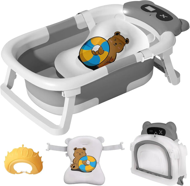 Foldable Baby Bathtub – Real-Time Temp Display, Non-Slip Design & Cushion Support for Shower