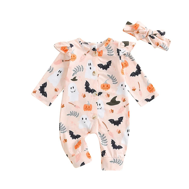 Charming Toddler Girls Halloween Costume with Ghosts and Pumpkins for Spooky Fun