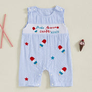 Toddler Girls 4th of July Sleeveless Romper – Popsicle Print Striped Jumpsuit with Embroidery