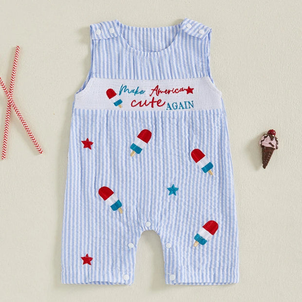 Toddler Girls 4th of July Sleeveless Romper – Popsicle Print Striped Jumpsuit with Embroidery