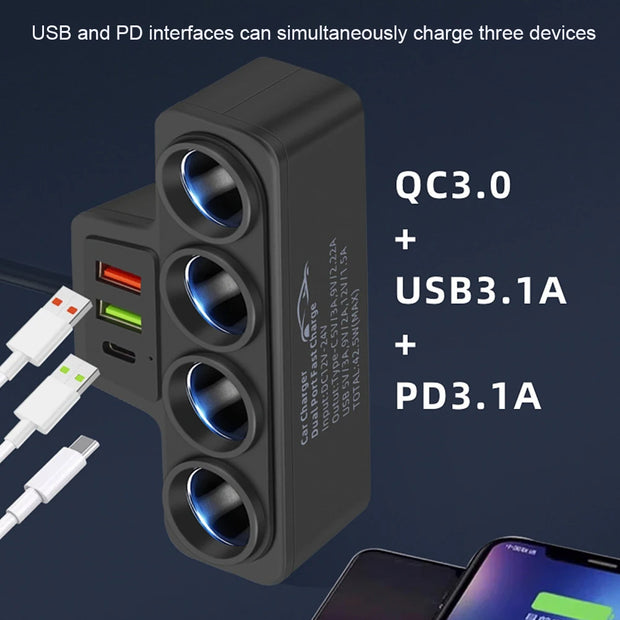 Fast Charger Plug QC3.0 PD 3.1A 12V 24V Phone Power Adapter 4 Socket 120W Car Cigarette Lighter Socket Splitter Plug 3 USB Ports