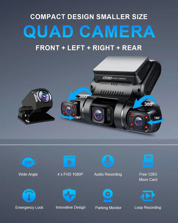 Pruveeo 4 Channel Dash Cam with Built in GPS WiFi Night Vision 360 Degree View Parking Monitor 128GB 1080P - My Variety Superstore 25