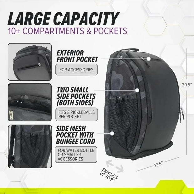 Deluxe Pickleball Backpack Large Paddle Bag Fits 4 Pickleball Paddles and Gear with Fence Hook Extra Pockets and Ventilated Design