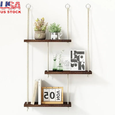 3 Tier Hanging Wall Shelves Boho Decor Rustic Wood Storage Organizer Plant Shelf Floating Display Rack Hanger Easy Install - My Variety Superstore 25