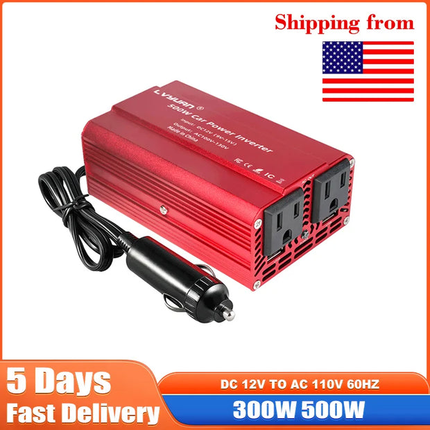 300W 500W Car Inverter DC12V AC110V Outdoor Portable Charger Converter Cigarette Lighter US Socket