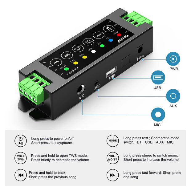 Herdio 4 Channel Bluetooth Amplifier 200W Power Output with 24V5A AC DC Power Supply Wall Mount USB MIC AUX for Passive Speakers - My Variety Superstore 25