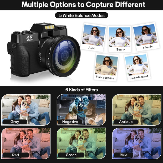 Compact Digital Photography Camera 4K WIFI Webcam Retro Vlog Recorder YouTube 64MP Camcorder 3 Inch Flip Screen Wide Angle Lens - My Variety Superstore 25
