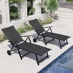 Outdoor Chaise Lounge Set – 2 Mesh Sling Chairs, Woodgrain Texture, Wheels & 4 Recline Levels