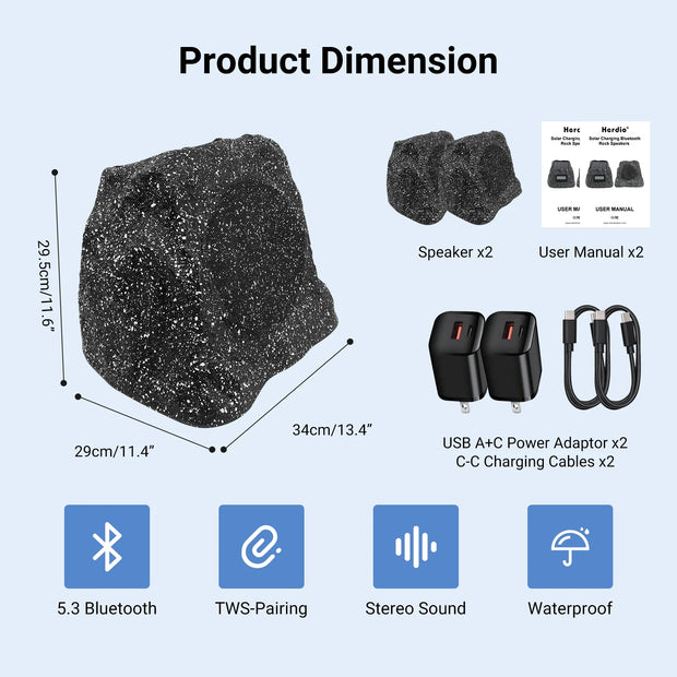 Herdio 8 Inch Rock Bluetooth Speakers Outdoor Waterproof IPX7 Wireless Solar 240W TWS Connection Rechargeable Battery - My Variety Superstore 25