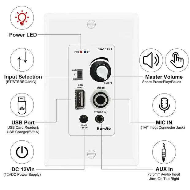 Herdio 6.5 Inch Bluetooth In Wall In Ceiling Speakers 600 Watt With Wall Amplifier Receiver For Home Theater Office 2 Pairs - My Variety Superstore 25