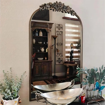 Antique Wall Mirror Vintage Baroque Arched Brass Mirror with Flower Relief Metal Edge Frame Decor for Entryway Hall Bathroom - My Variety Superstore 25