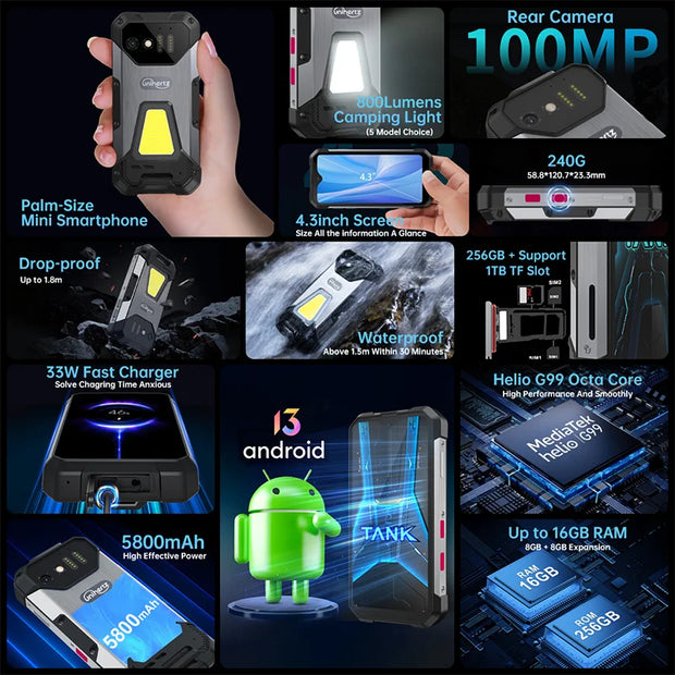 Unihertz 8849 Mini Rugged Smartphone,Small 4G,Outdoor,16 GB,24GB RAM,256GB ROM, 5800mAh, Android 13 Phone,Dual Sim,100MP Camera - My Variety Superstore 25