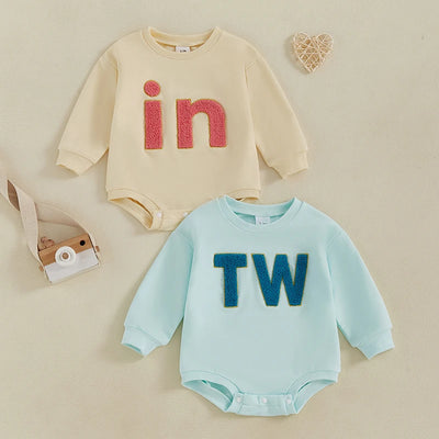 Adorable matching baby twins romper set with cozy embroidered designs for boys & girls