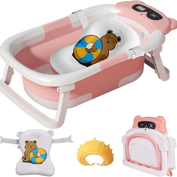 Foldable Baby Bathtub – Real-Time Temp Display, Non-Slip Design & Cushion Support for Shower