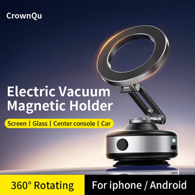 Electric Vacuum Suction Cup Car Phone Holder 360 Degree Rotation Strong Magnetic Foldable Stand for iPhone 12 to 16 Pro Xiaomi Samsung