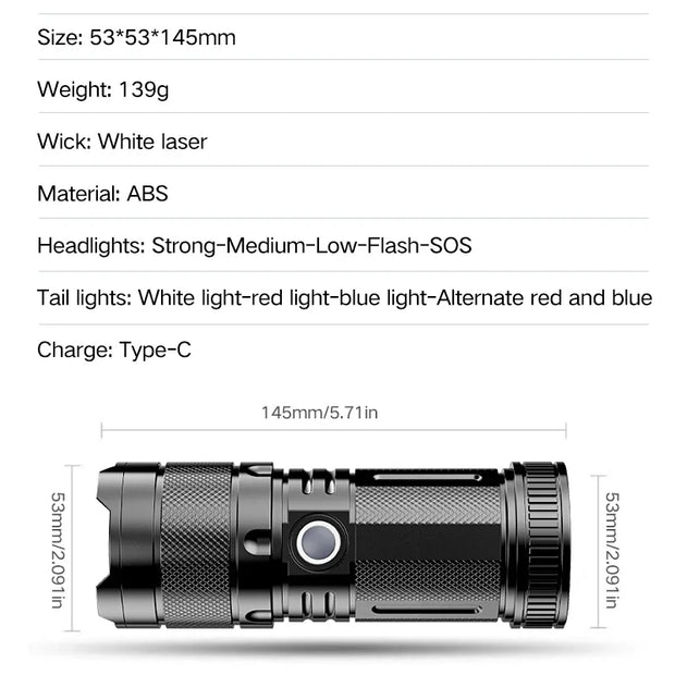 White Laser Ultra Bright LED Flashlight – 9 Modes, Waterproof ABS for Camping & Emergency