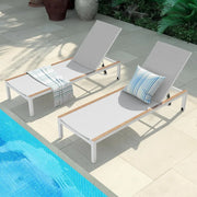 Outdoor Chaise Lounge Set – 2 Mesh Sling Chairs, Woodgrain Texture, Wheels & 4 Recline Levels