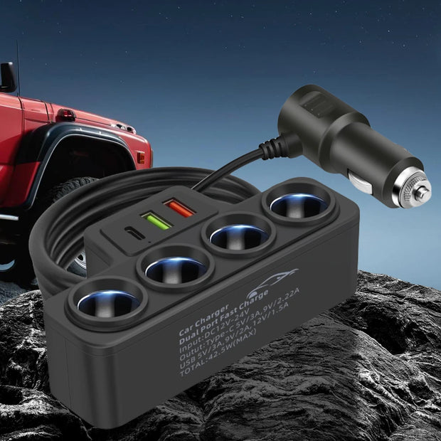 Fast Charger Plug QC3.0 PD 3.1A 12V 24V Phone Power Adapter 4 Socket 120W Car Cigarette Lighter Socket Splitter Plug 3 USB Ports