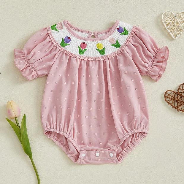 Infant floral embroidered romper – cute baby girl short sleeve jumpsuit for summer