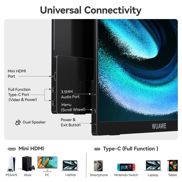 WUAWE 15.6 inch Portable Monitor Laptop, 15.6-inch 1080p72 NTSC 100 sRGB USB C HDMI Travel External Second Computer Screen HDRi - My Variety Superstore 25