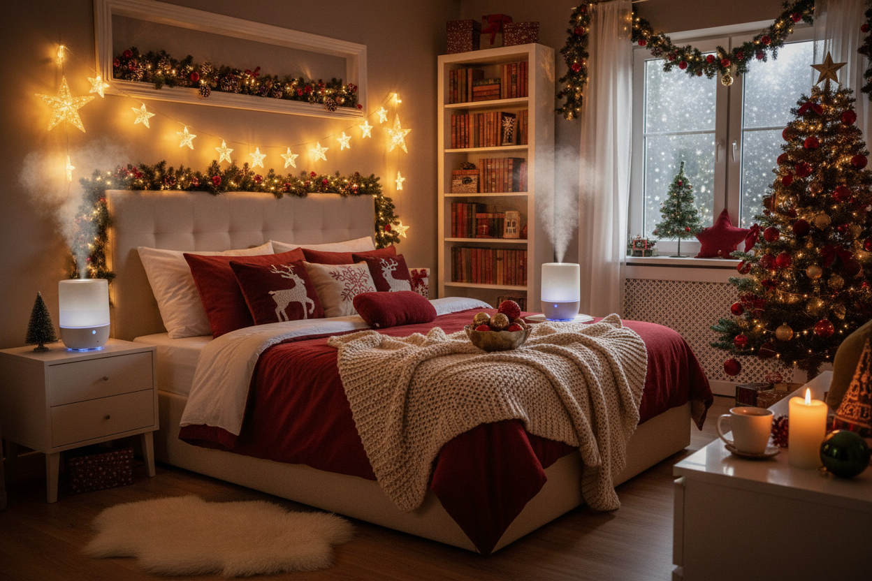 Cozy bedroom with warm LED lamps, smart humidifiers, and festive decorations. Soft glowing lights create a relaxing holiday vibe.
