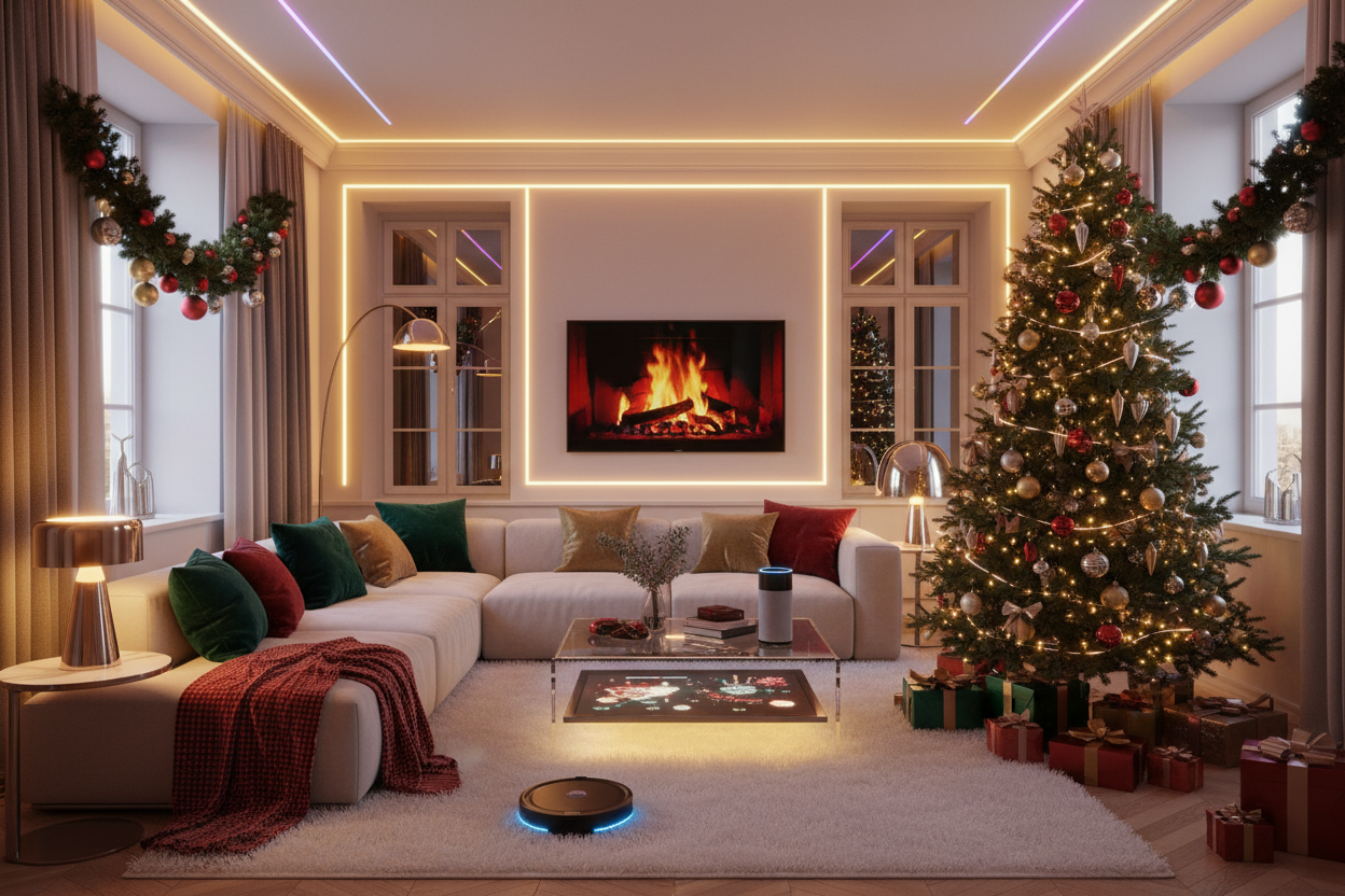 Festive indoor scene with glowing LED strips, smart lamps, and cozy home gadgets, styled with Christmas ornaments and fairy lights. Warm, inviting atmosphere, premium and modern look.
