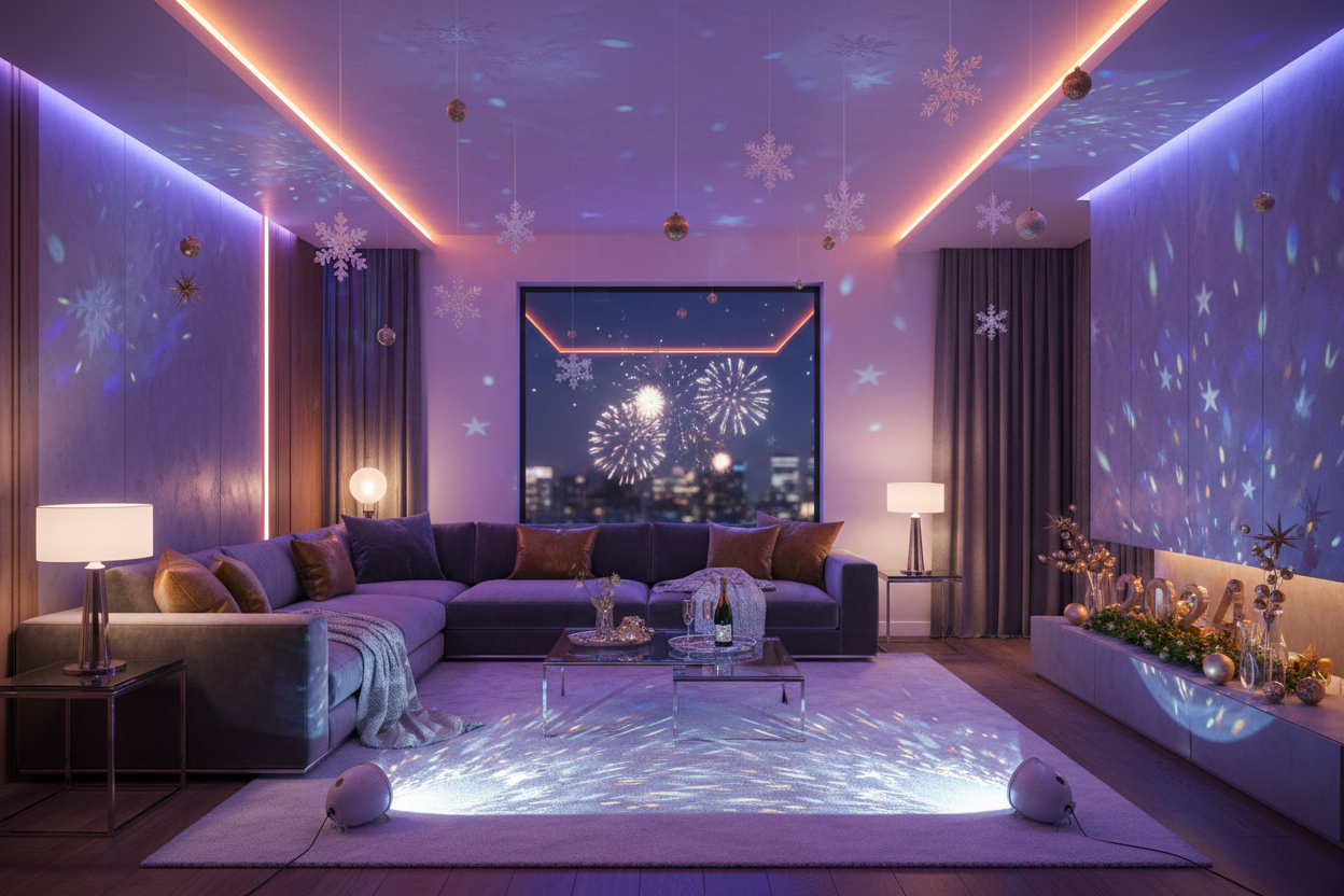 Modern living room decorated with colorful LED lights, night lamps, and projectors. Snowflakes and golden New Year accents add festive sparkle.
